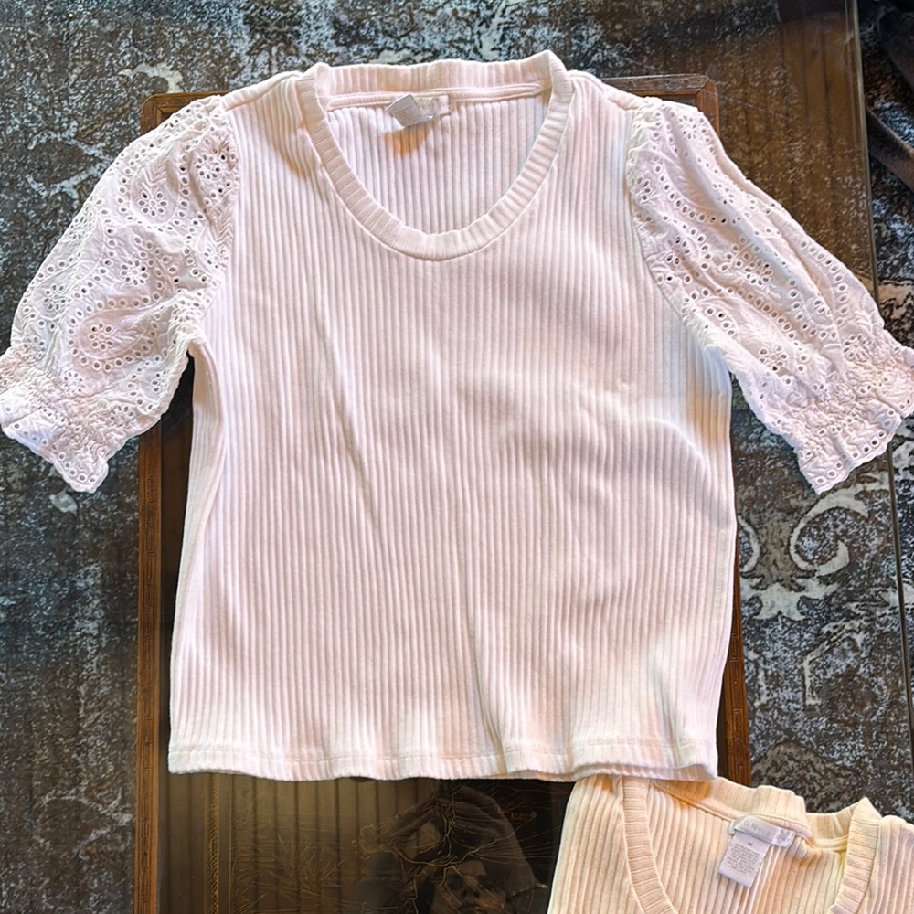 Women’s Cream Ribbed Top with Eyelet Puff Sleeves